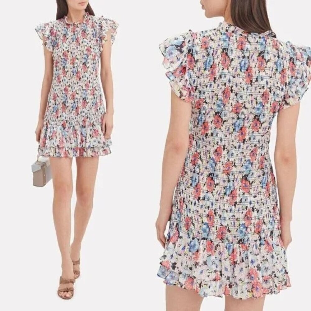 Veronica Beard Womens Size 0 Cici Ruched Smocked Ruffle Sleeve Floral Mini Dress
